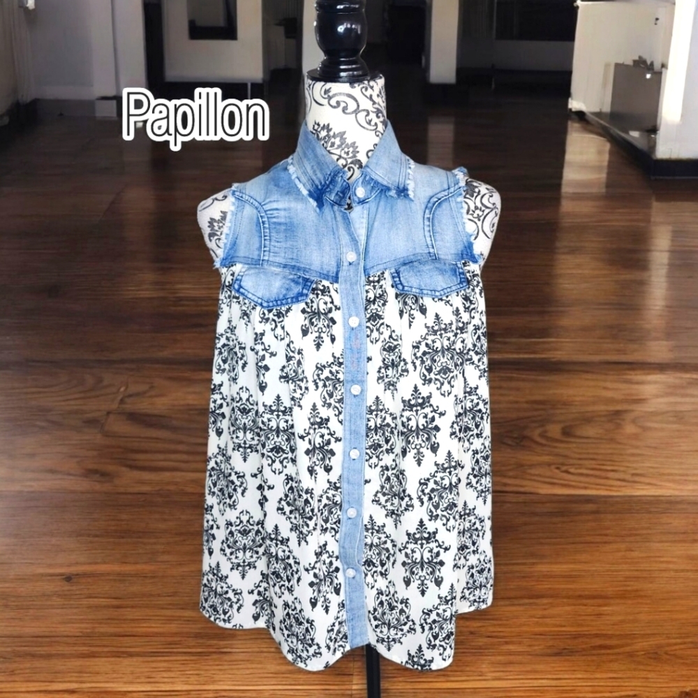 PAPILLON Denim & Sheer Floral Top - Medium